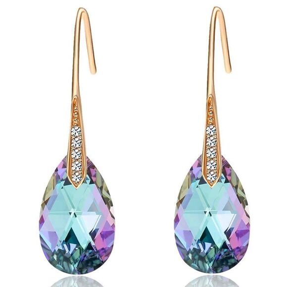 14K Yellow Gold with Vitrail Light Austrian Crystal Teardrop Drop Hook Earrings - Picture 1 of 6